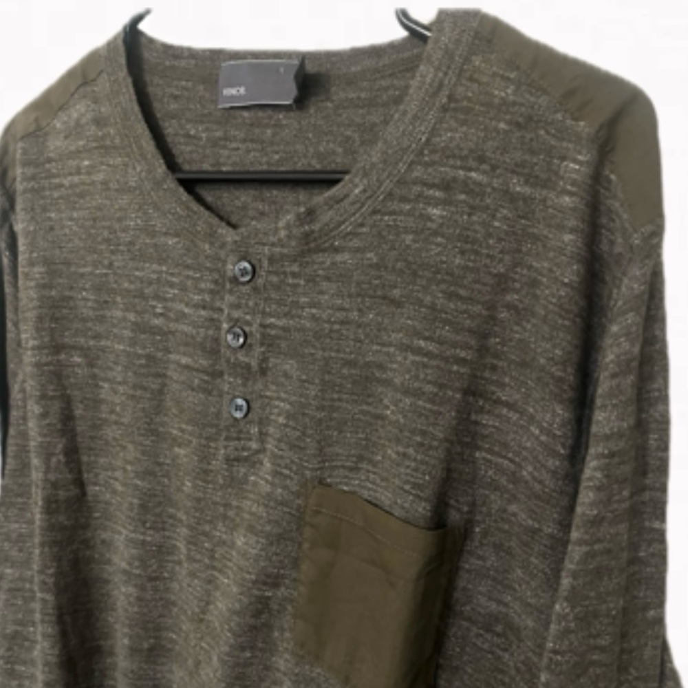Vince Men’s Olive Long sleeve Henley 3buttons cotton&cashmere Front Pocket Sz L